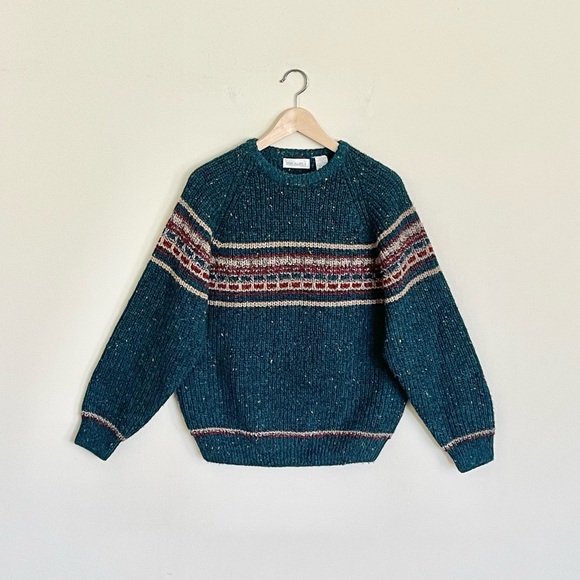 Vintage 80s 90s Brian MacNeil Knitwear Chunky Teal Stripe Sweater Men’s Medium